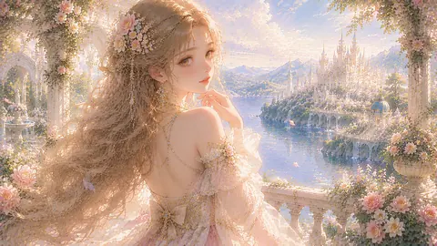 花咲く宮殿を振り返る令嬢 thumbnail