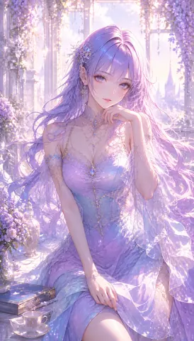 幻想のバルコニーに佇む紫髪の令嬢 thumbnail