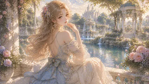 花咲く庭園の水辺で振り返る麗人 thumbnail