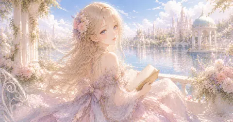 湖畔で読書する花園の令嬢 thumbnail