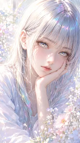 虹色の光に包まれた花畑の少女 thumbnail