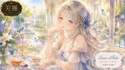 美麗、夜明けの光彩と花園のティータイム thumbnail