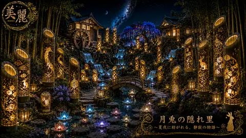 月夜に輝く竹灯籠の庭園2 thumbnail