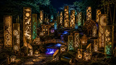 幻想的な竹灯籠の夜庭園2 thumbnail