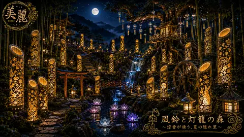 月夜に輝く風鈴と灯籠の森 thumbnail