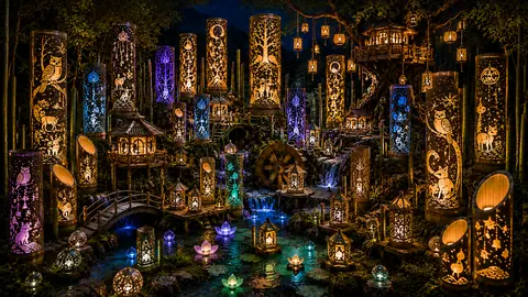 幻想の竹灯籠村と水辺の夜景 thumbnail