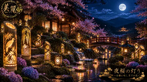 月夜に咲く夜桜の灯り thumbnail