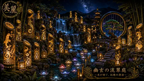 幻想的な灯籠と滝の幽玄庭園 thumbnail