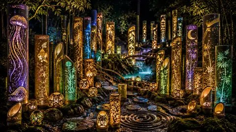 幻想的な竹灯籠の夜庭園 thumbnail