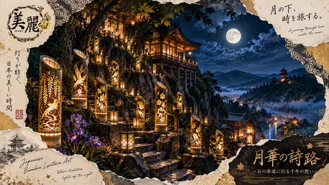 月夜に灯る竹灯籠の参道 thumbnail
