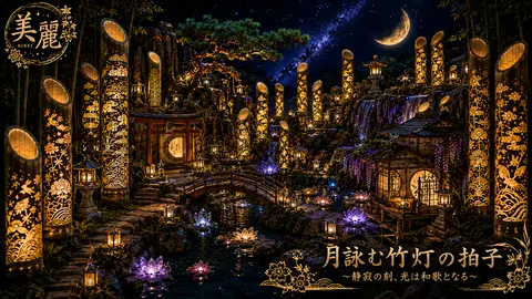 月夜に輝く竹灯籠の庭園 thumbnail