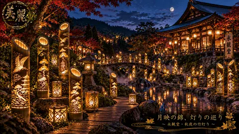 永観堂の秋夜、竹灯りと月映え thumbnail