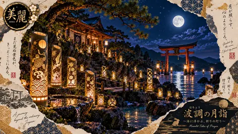 月明かりの海辺と竹灯籠の祈り thumbnail