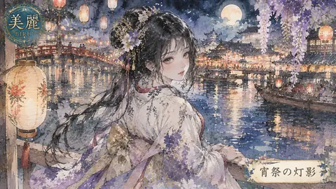 宵祭の灯影、月夜の水辺 thumbnail