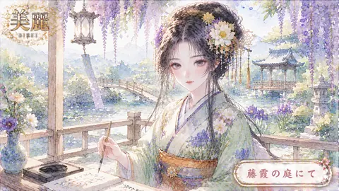 藤霞の庭で書を綴る麗人 thumbnail