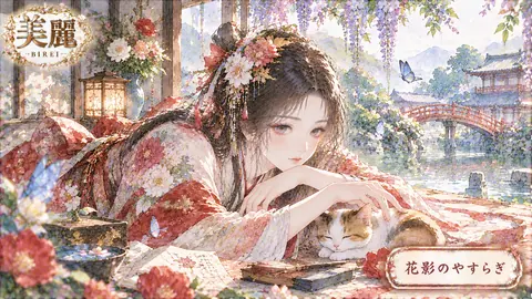 花影に眠る猫と着物の女性 thumbnail