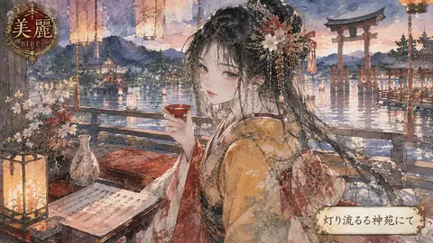 夕暮れの灯籠流しと美麗な巫女 thumbnail