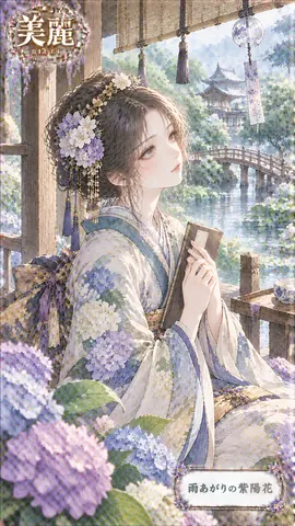 雨上がりの紫陽花と和装の少女 thumbnail