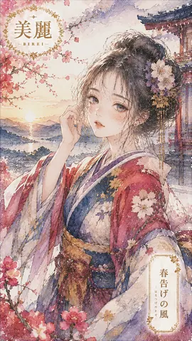 桜夕景、美麗な和装の女性 thumbnail