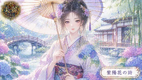 紫陽花の庭園に佇む花傘の女性 thumbnail