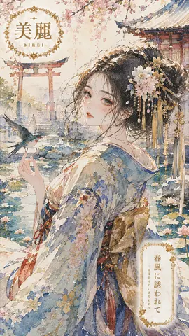 春風に舞う美麗な巫女と小鳥 thumbnail