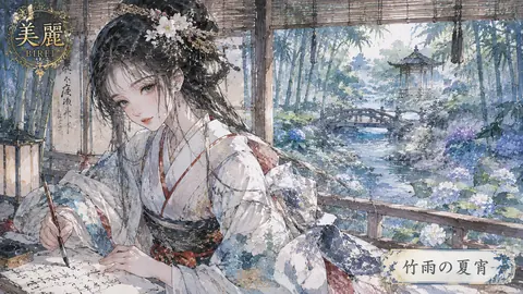 竹雨の夏宵、書をしたためる女性 thumbnail