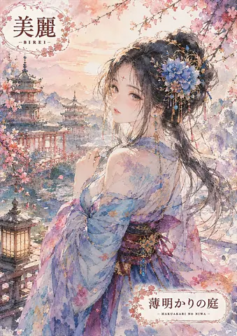 桜舞う薄明かりの庭と麗人 thumbnail
