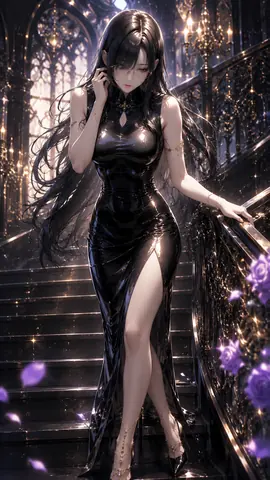 階段を下りる黒衣のインテリ美女 thumbnail