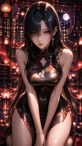 月夜の朱灯と黒い旗袍美女 thumbnail