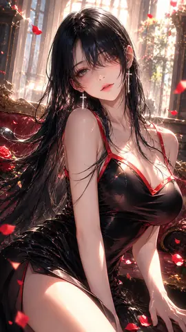 陽光と薔薇に包まれた黒衣の女性 thumbnail