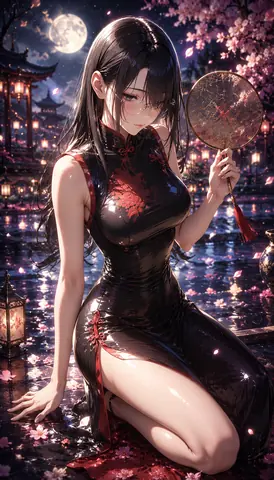 月夜の桜庭園と優雅な扇子の女性 thumbnail
