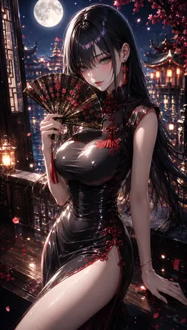 月夜の花影と紅扇美女 thumbnail