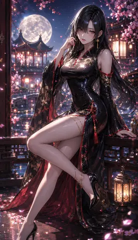 月夜の桜庭園と黒い花魁風ドレス thumbnail