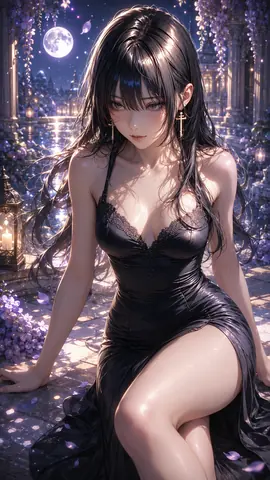 月光が差し込む紫晶の夜桜回廊にたたずむ令嬢 thumbnail