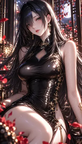 月夜の黒いチャイナドレス美女 thumbnail