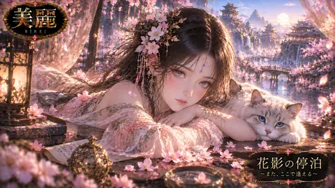 桜夜の花影庭園と白猫 thumbnail