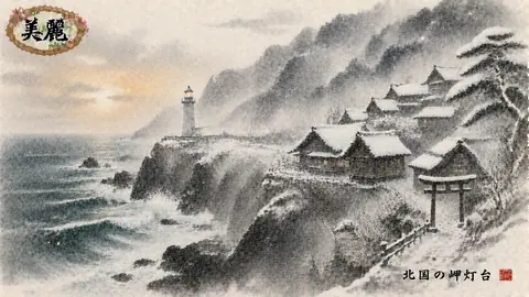 雪に包まれた岬の灯台と集落 thumbnail