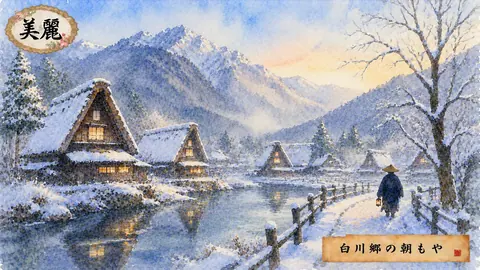 雪の白川郷、朝もやの村 thumbnail