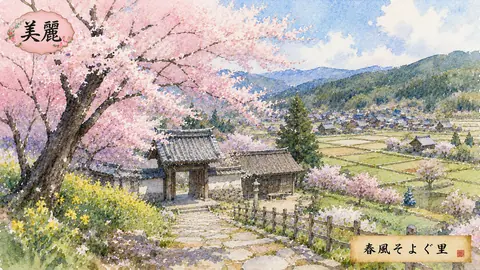 桜舞う里山と春風の水彩風景 thumbnail