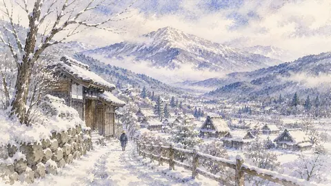 雪村へ続く静かな雪道 thumbnail