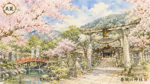 桜咲く春風の神社と赤い橋 thumbnail