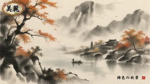 霧深き秋景色、舟と山寺 thumbnail