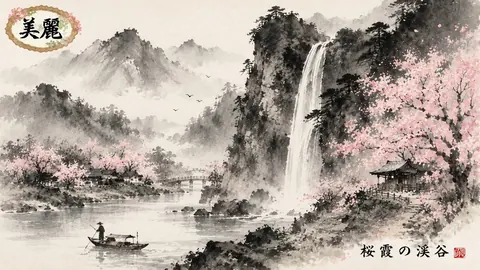 桜霞に佇む墨絵の渓谷 thumbnail