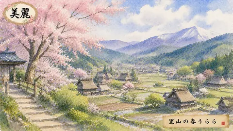 里山の春、桜舞う村景色 thumbnail