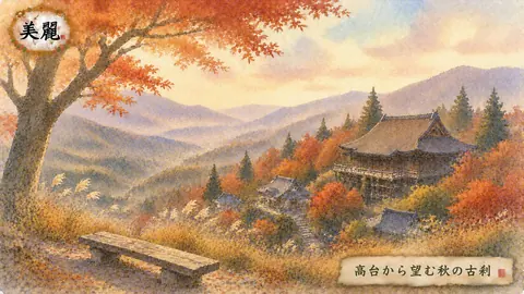 秋景の山寺と遠望する山並み thumbnail