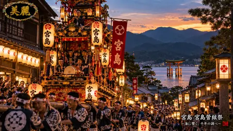 宮島管絃祭、夕暮れの華麗な山車行列 thumbnail
