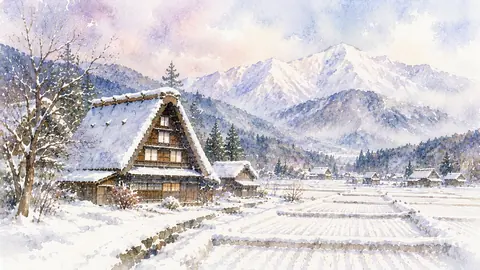 雪景色の合掌造りと遠山 thumbnail