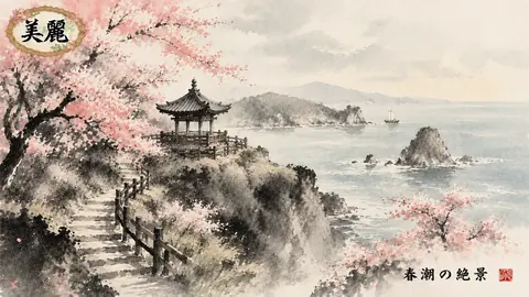 桜と海を望む墨絵の絶景 thumbnail