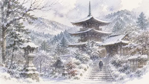雪山寺院へ続く静かな雪道 thumbnail