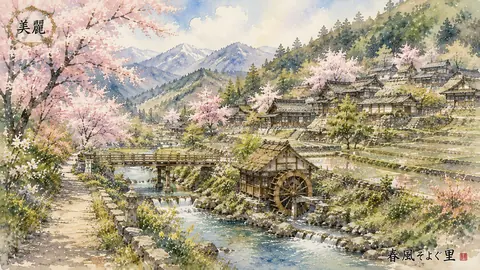 桜咲く里と水車の春景色 thumbnail
